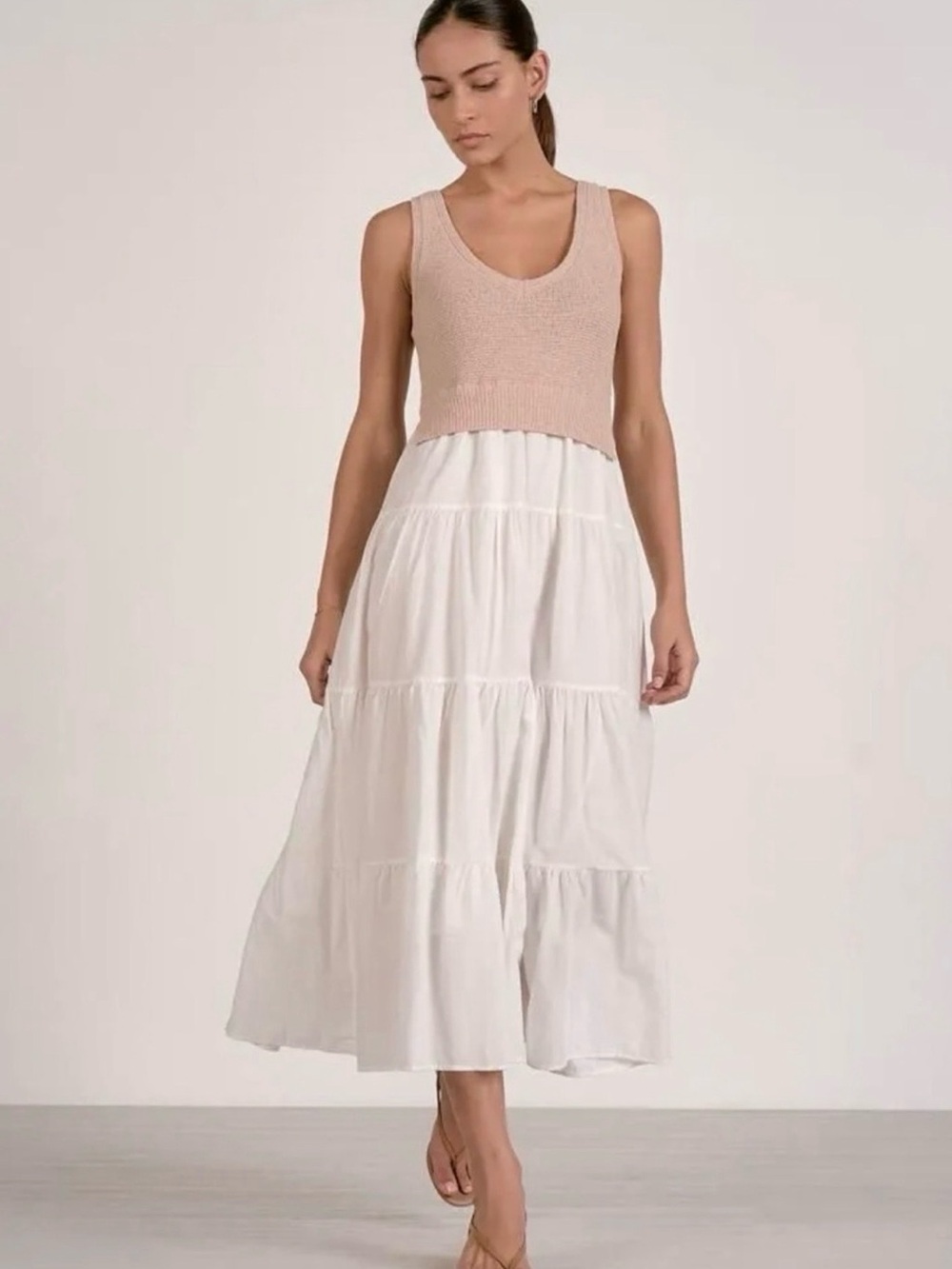 Elan Tan Knit sweater White Tiered Maxi Dress